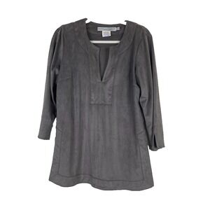 Gretchen Scott Womens Faux Suede Tunic Shirt Top Size S Long Sleeve V Neck Brown